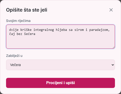 Prozor Opišite šta ste jeli s tekstom o hljebu, siru i čaju