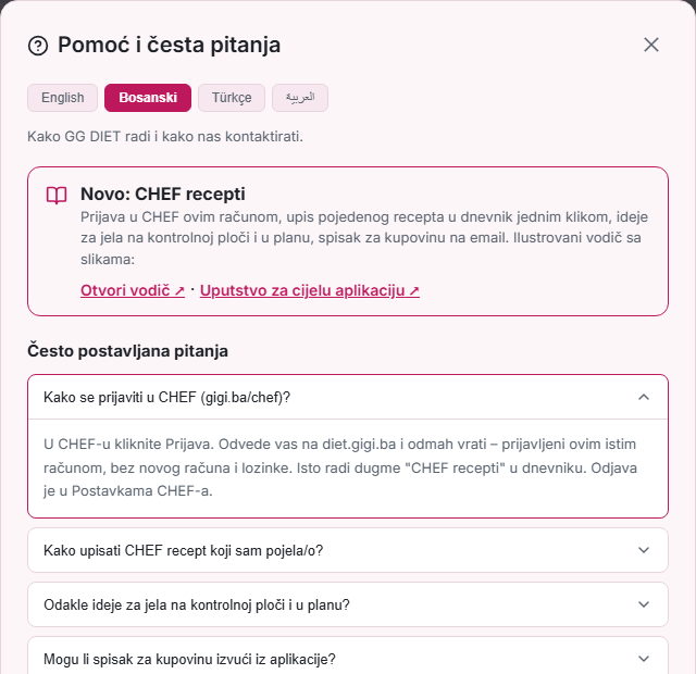 Prozor Pomoć i česta pitanja s izborom jezika i linkovima na vodiče