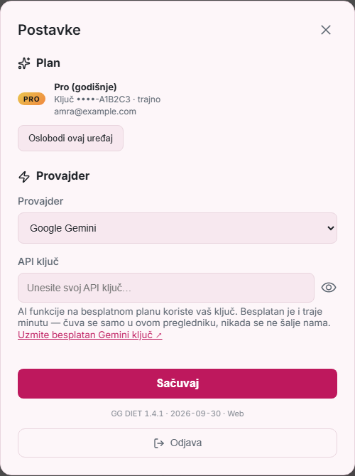 Postavke: plan Pro, ključ, Oslobodi ovaj uređaj, provajder Google Gemini, API ključ, Odjava