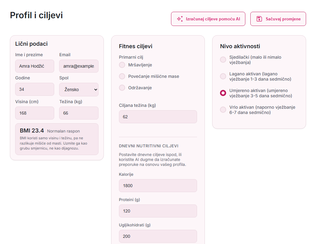 Profil i ciljevi: lični podaci, BMI 23,4 normalan raspon, fitnes ciljevi i nivo aktivnosti